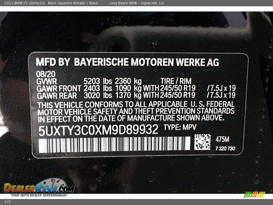 BMW Color Code 475 Black Sapphire Metallic