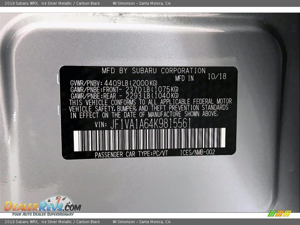 2019 Subaru WRX Ice Silver Metallic / Carbon Black Photo #23