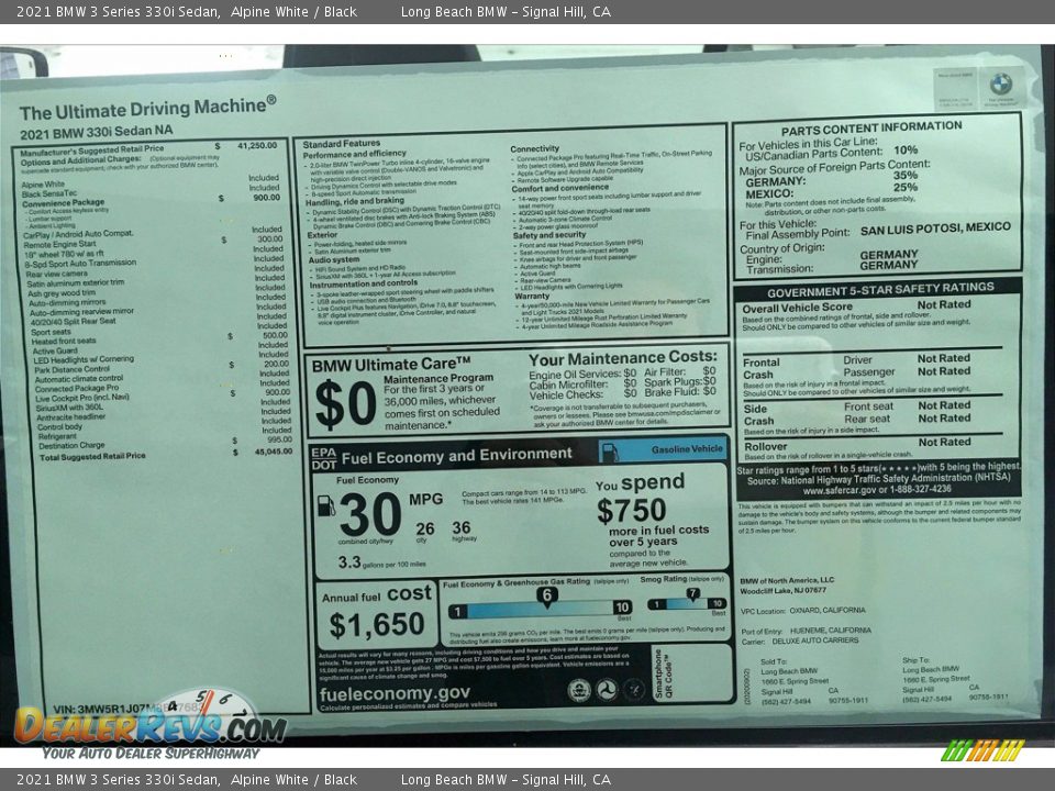 2021 BMW 3 Series 330i Sedan Window Sticker Photo #17