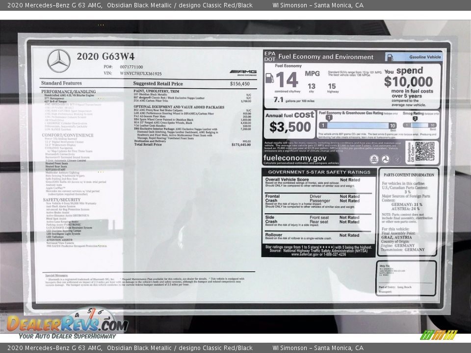 2020 Mercedes-Benz G 63 AMG Obsidian Black Metallic / designo Classic Red/Black Photo #10