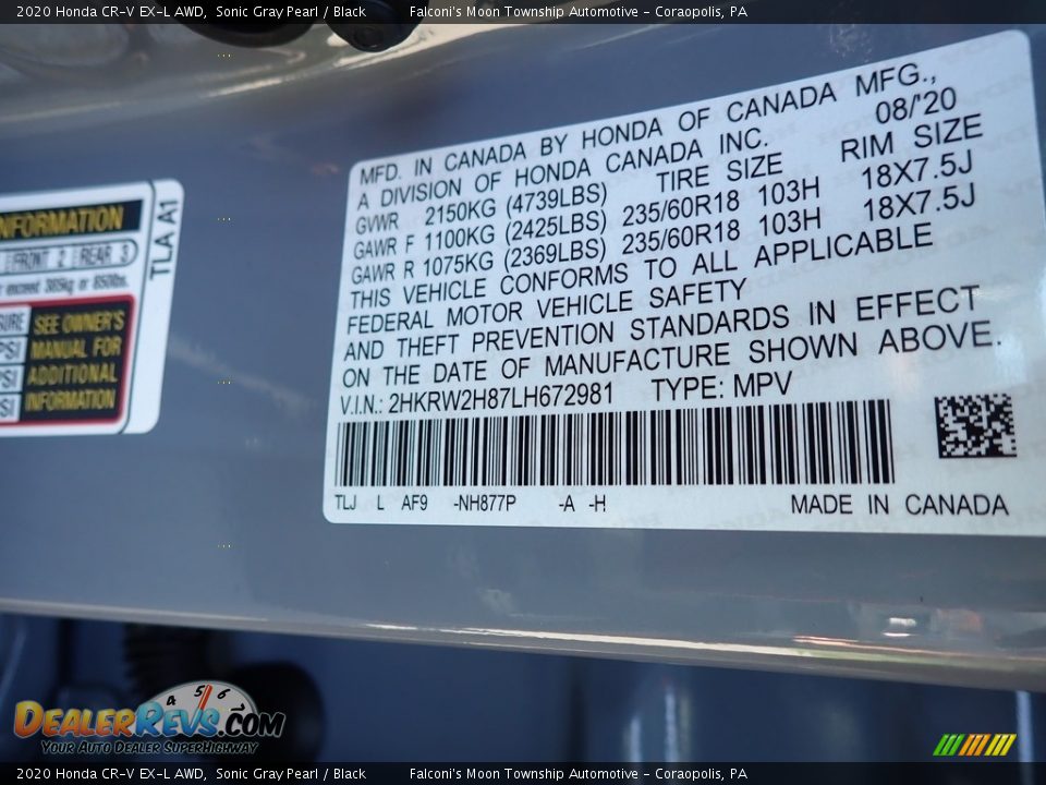 2020 Honda CR-V EX-L AWD Sonic Gray Pearl / Black Photo #12