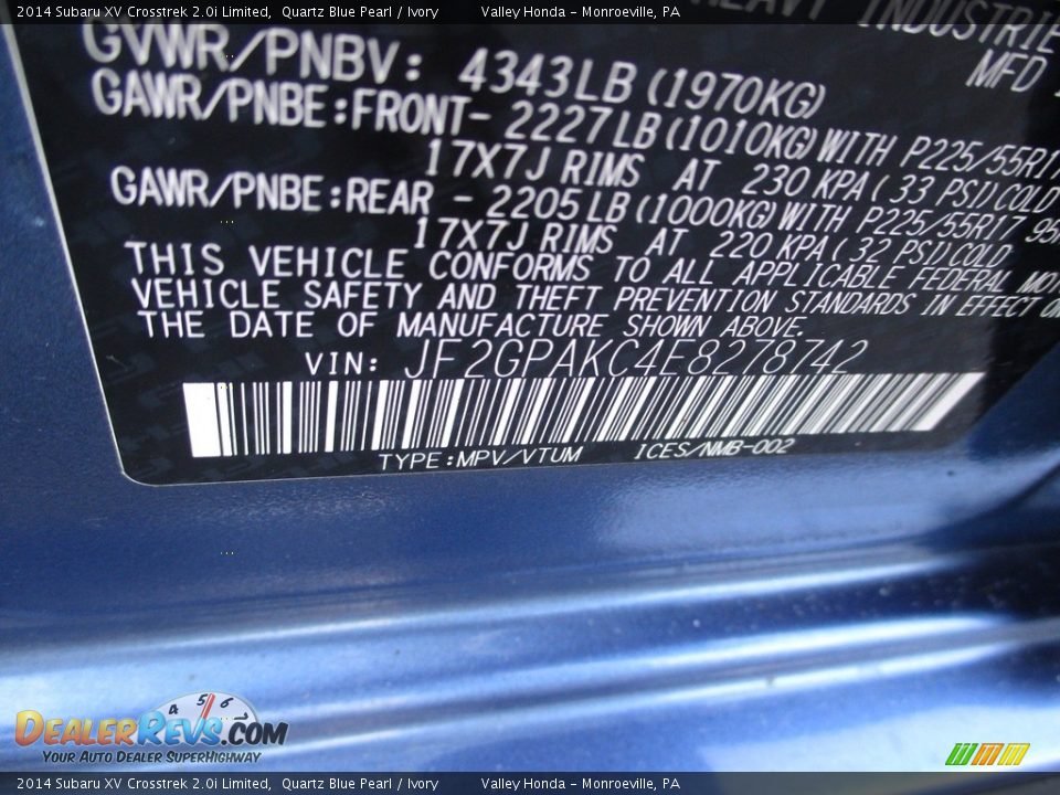 2014 Subaru XV Crosstrek 2.0i Limited Quartz Blue Pearl / Ivory Photo #19