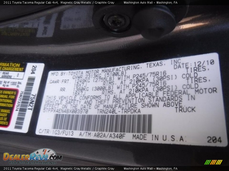 2011 Toyota Tacoma Regular Cab 4x4 Magnetic Gray Metallic / Graphite Gray Photo #25