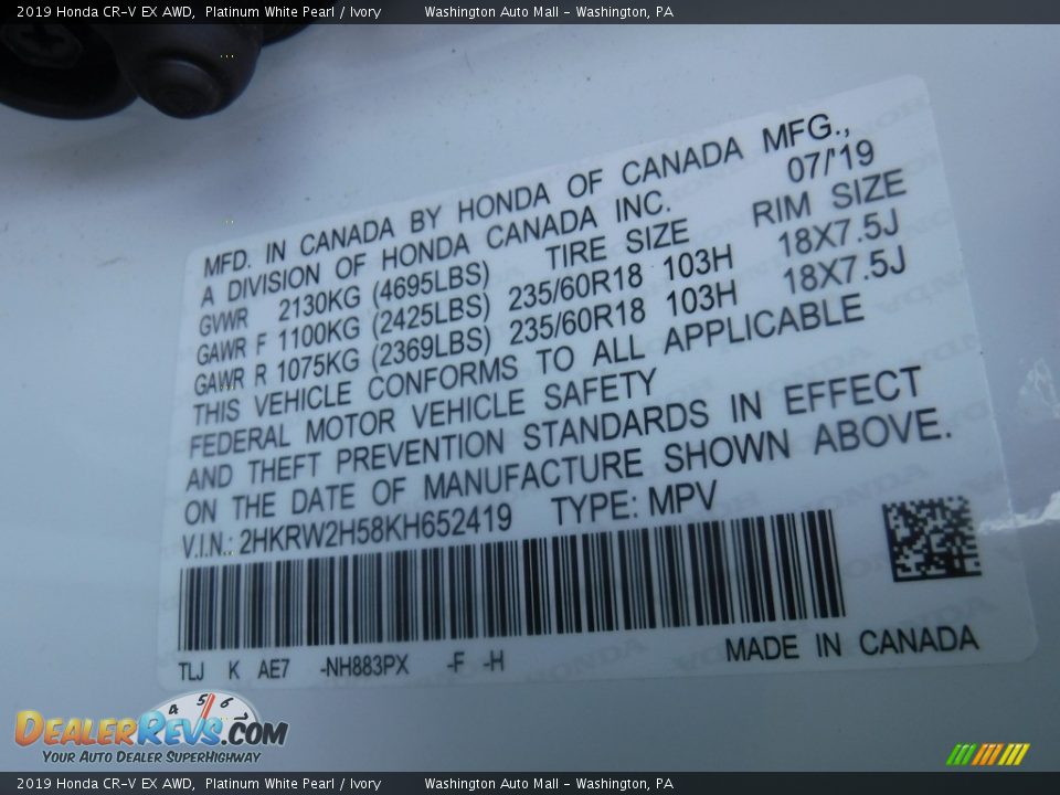 2019 Honda CR-V EX AWD Platinum White Pearl / Ivory Photo #30