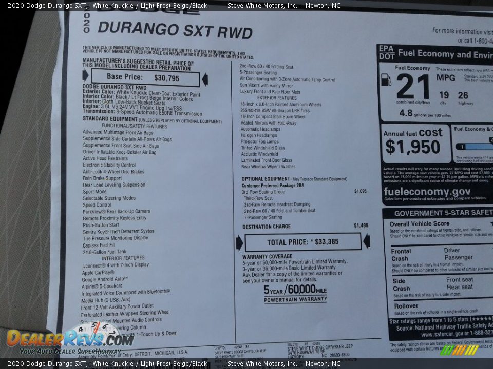 2020 Dodge Durango SXT White Knuckle / Light Frost Beige/Black Photo #28