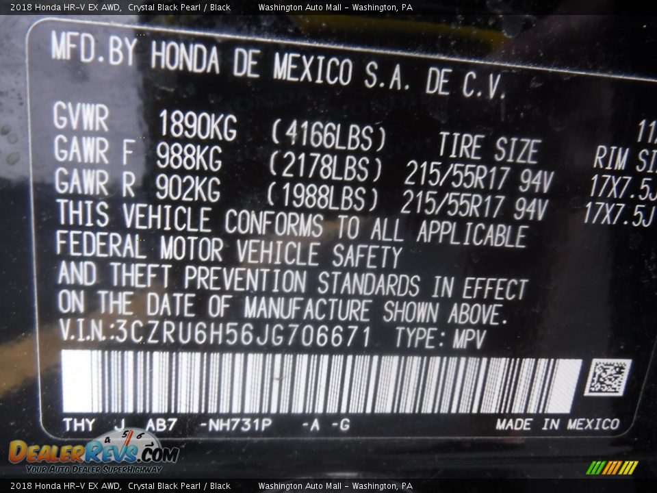 2018 Honda HR-V EX AWD Crystal Black Pearl / Black Photo #26