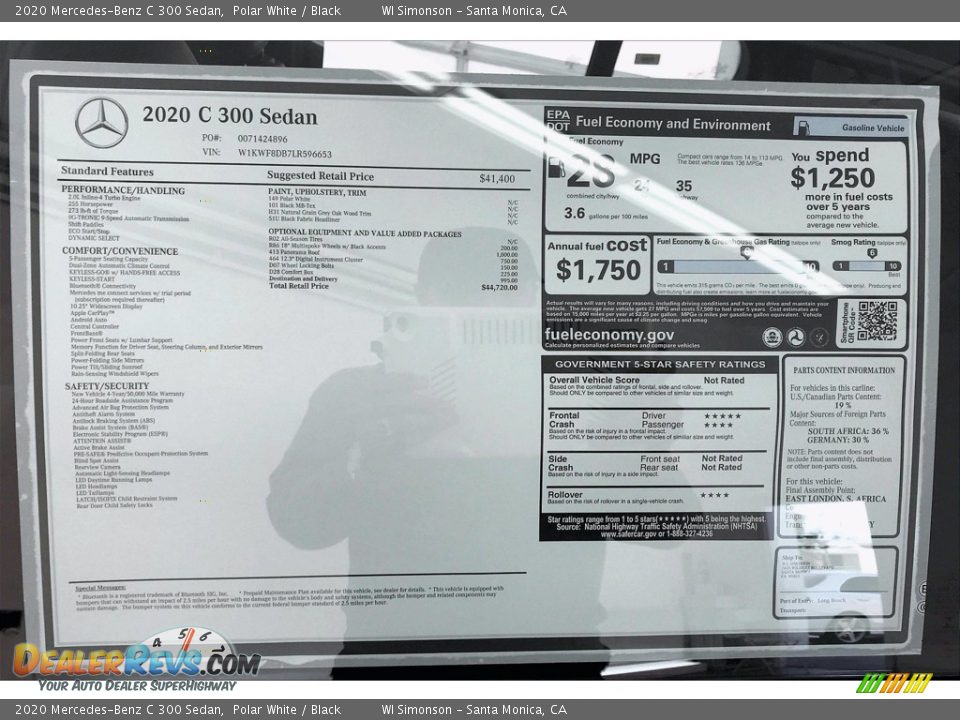 2020 Mercedes-Benz C 300 Sedan Polar White / Black Photo #10