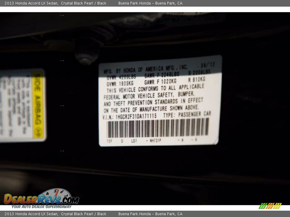 2013 Honda Accord LX Sedan Crystal Black Pearl / Black Photo #36
