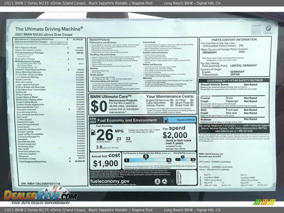 2021 BMW 2 Series M235 xDrive Grand Coupe Black Sapphire Metallic / Magma Red Photo #17