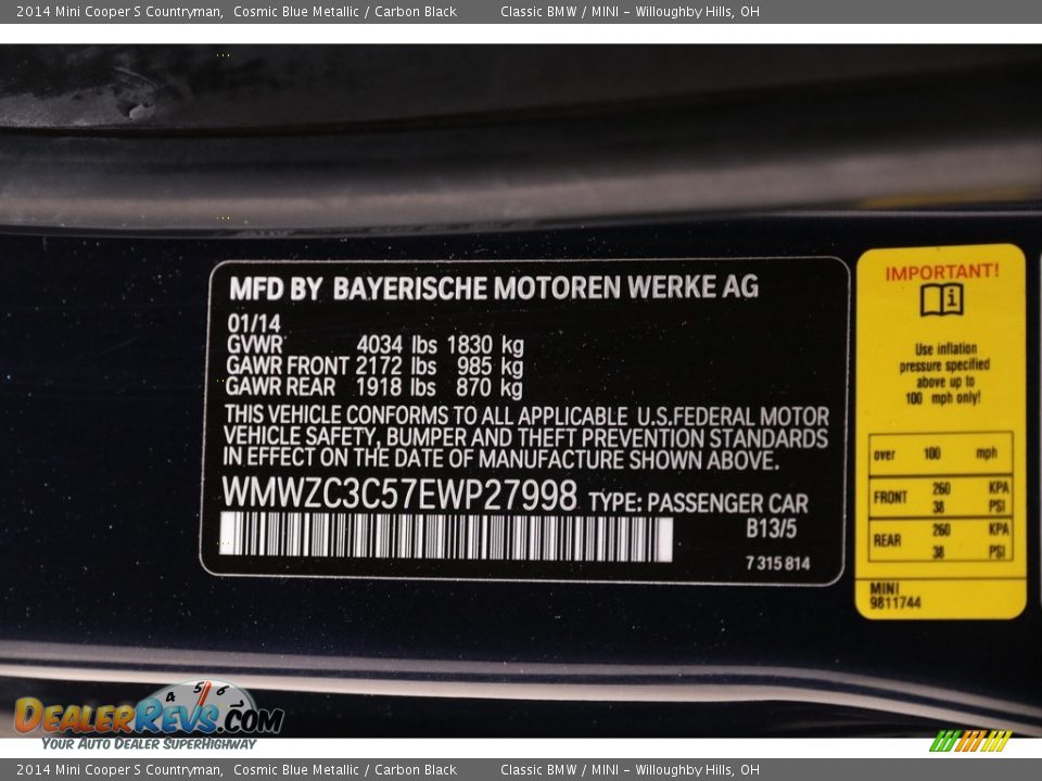 2014 Mini Cooper S Countryman Cosmic Blue Metallic / Carbon Black Photo #17