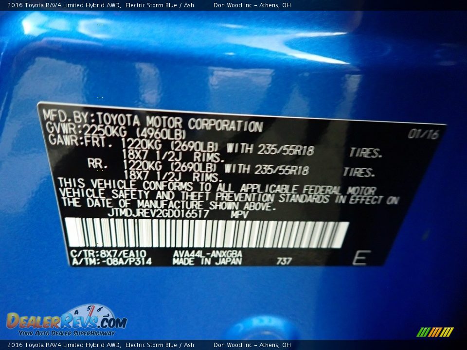 2016 Toyota RAV4 Limited Hybrid AWD Electric Storm Blue / Ash Photo #33