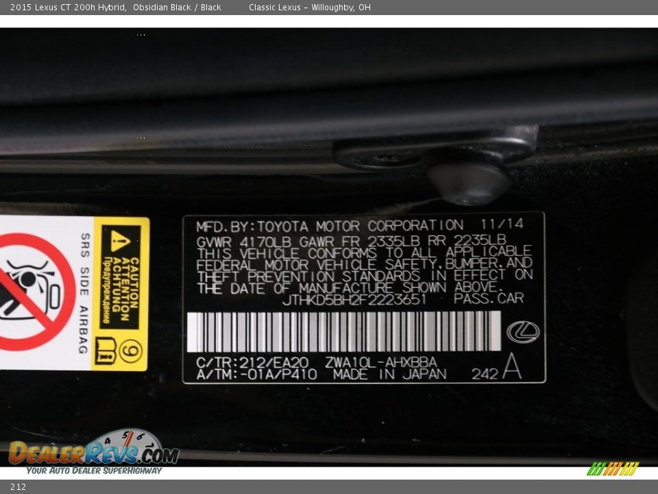 Lexus Color Code 212 Obsidian Black