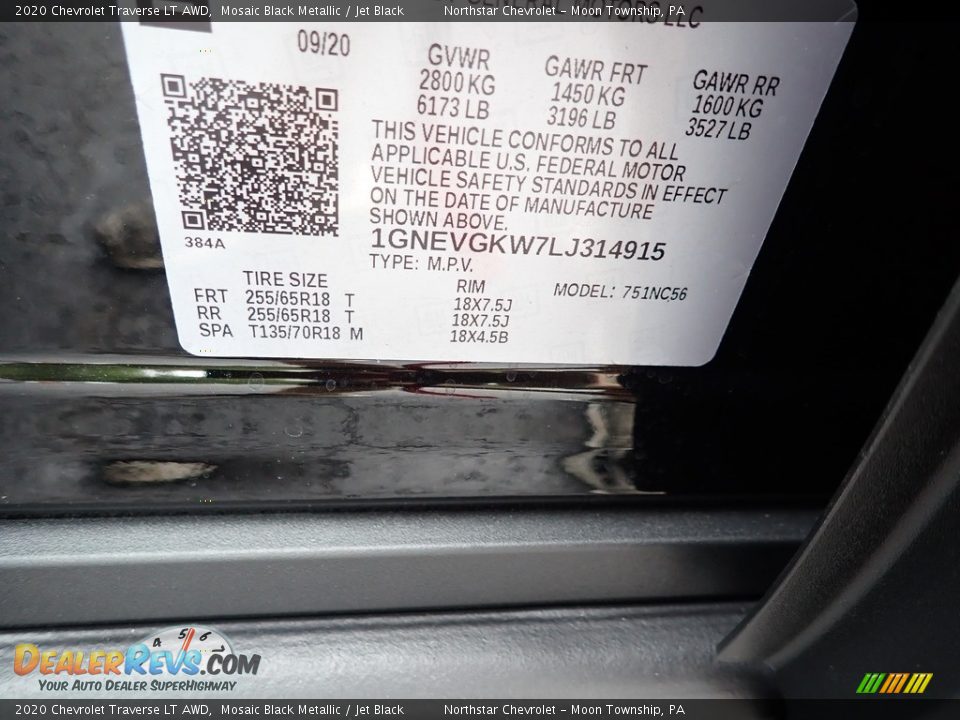 2020 Chevrolet Traverse LT AWD Mosaic Black Metallic / Jet Black Photo #15