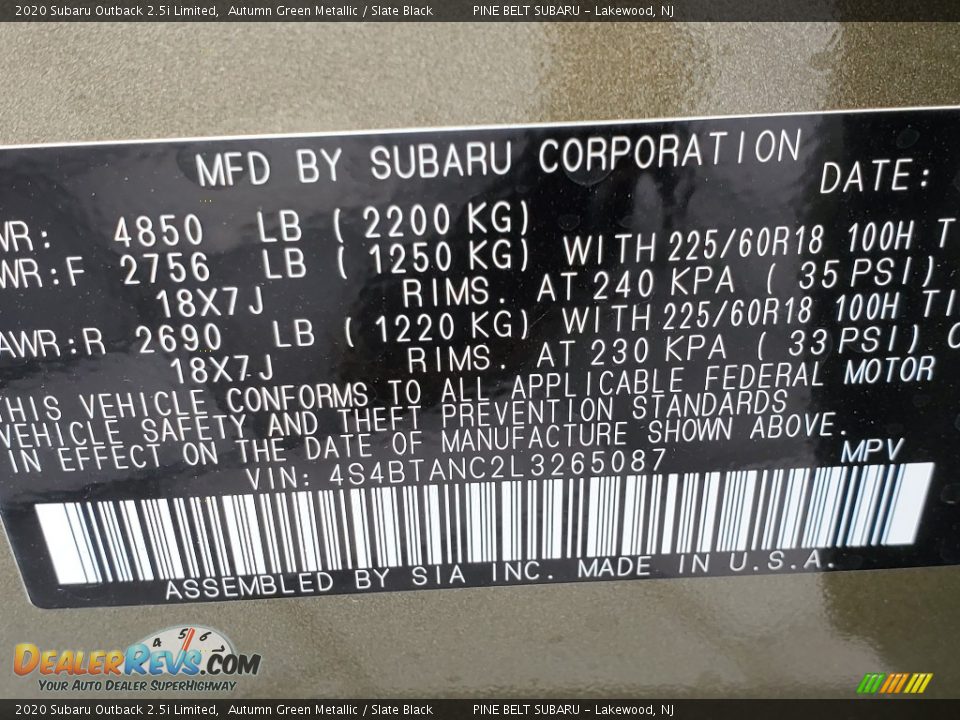 2020 Subaru Outback 2.5i Limited Autumn Green Metallic / Slate Black Photo #14