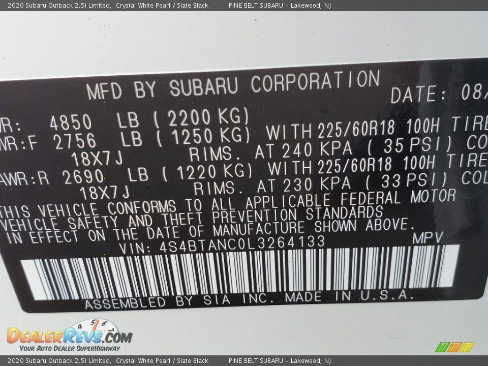 2020 Subaru Outback 2.5i Limited Crystal White Pearl / Slate Black Photo #14