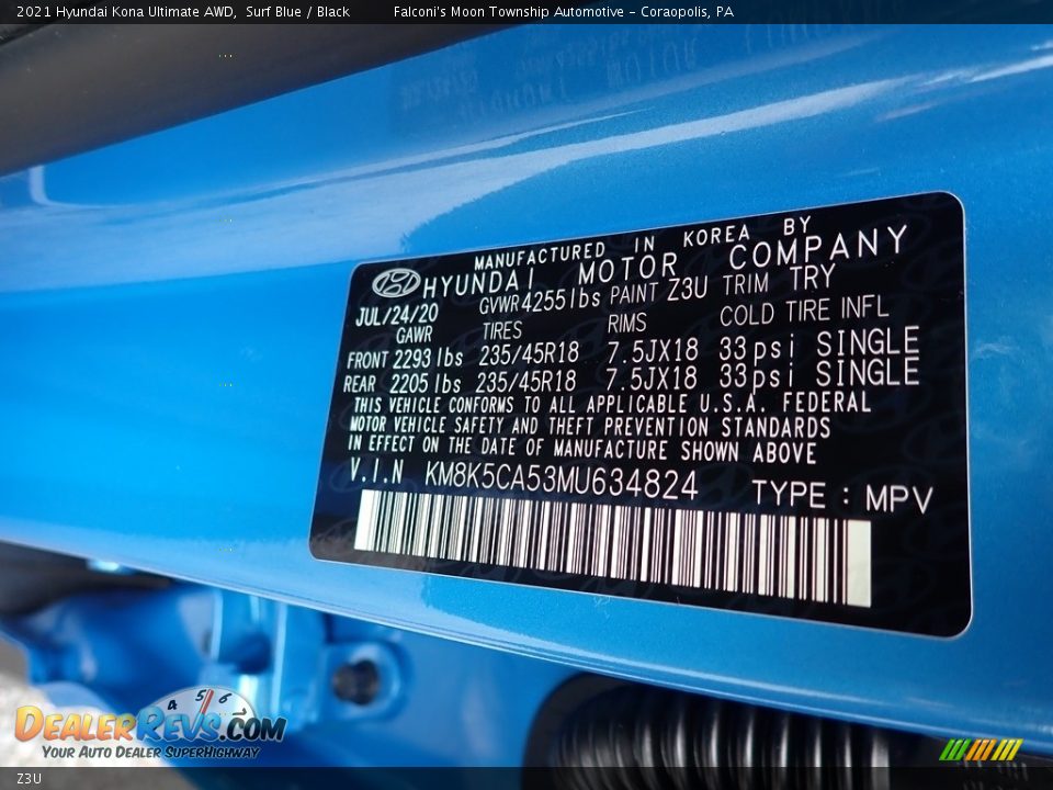 Hyundai Color Code Z3U Surf Blue
