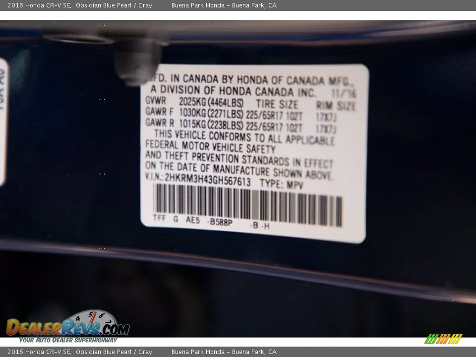 2016 Honda CR-V SE Obsidian Blue Pearl / Gray Photo #35