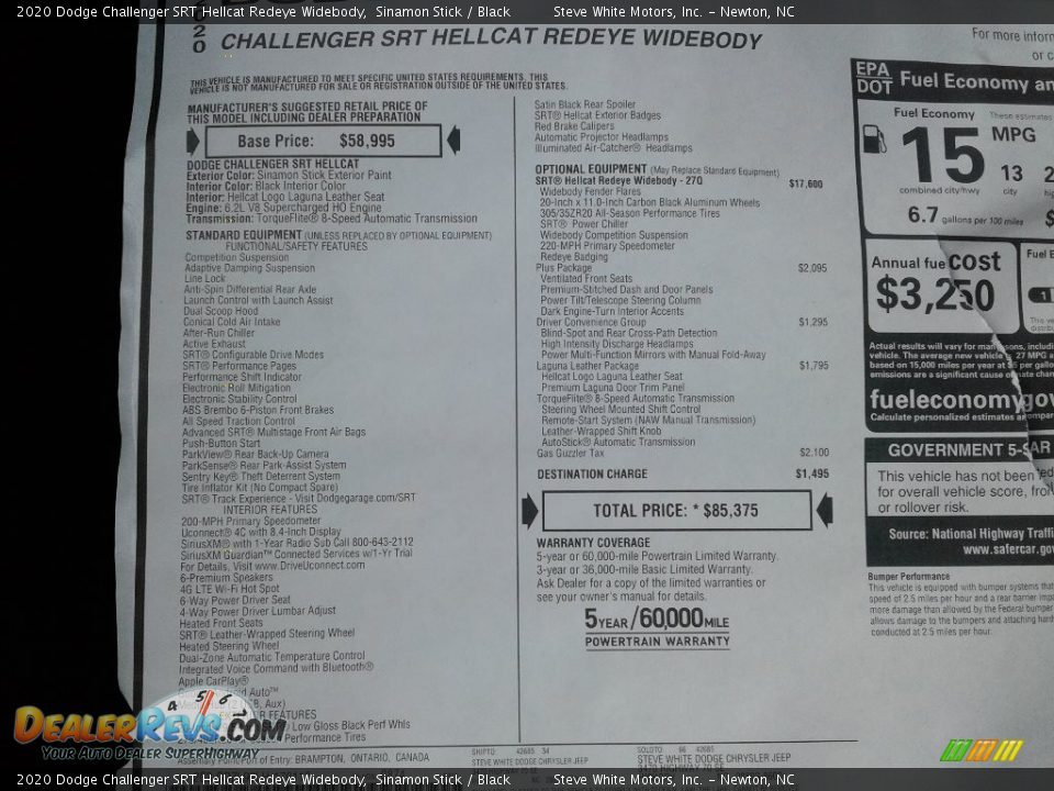 2020 Dodge Challenger SRT Hellcat Redeye Widebody Window Sticker Photo #26