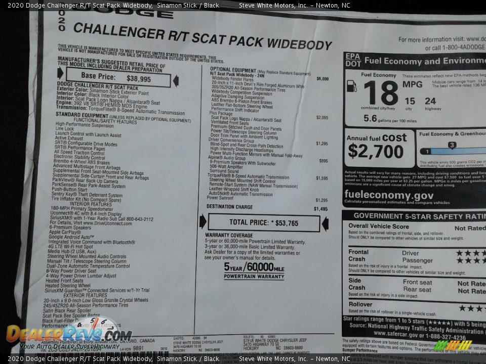 2020 Dodge Challenger R/T Scat Pack Widebody Window Sticker Photo #28