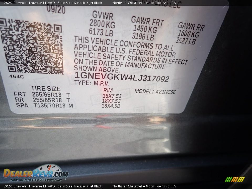 2020 Chevrolet Traverse LT AWD Satin Steel Metallic / Jet Black Photo #17