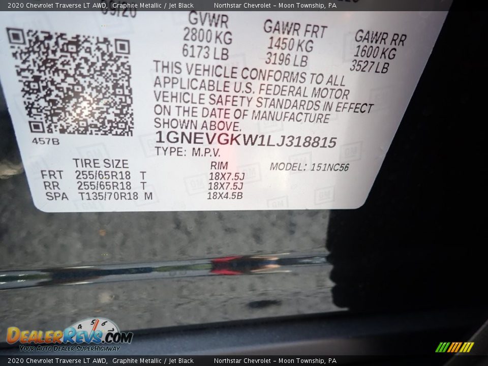 2020 Chevrolet Traverse LT AWD Graphite Metallic / Jet Black Photo #15