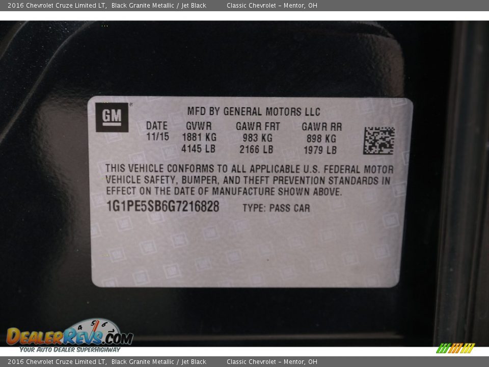 2016 Chevrolet Cruze Limited LT Black Granite Metallic / Jet Black Photo #20