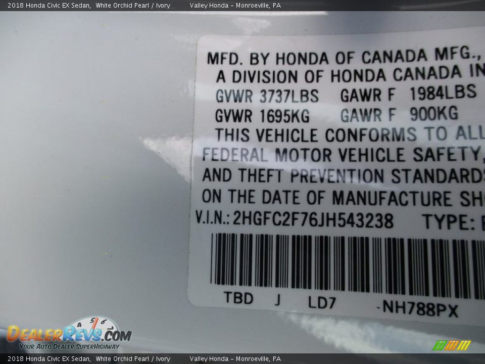 2018 Honda Civic EX Sedan White Orchid Pearl / Ivory Photo #19