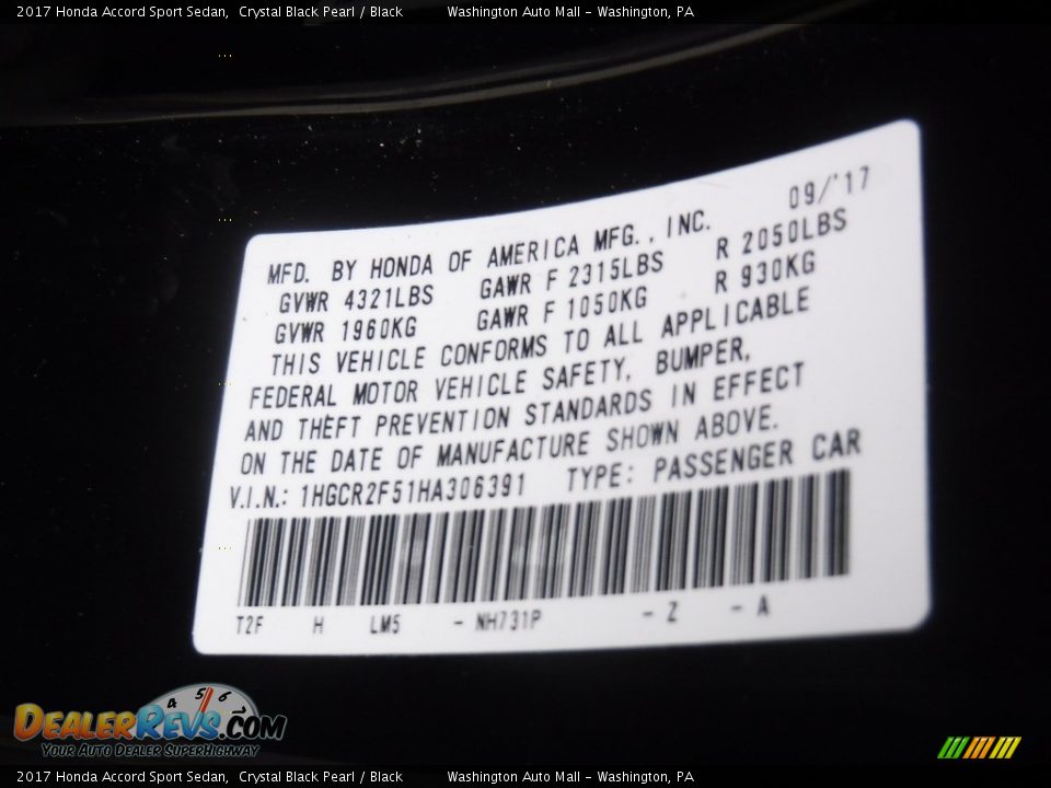2017 Honda Accord Sport Sedan Crystal Black Pearl / Black Photo #26