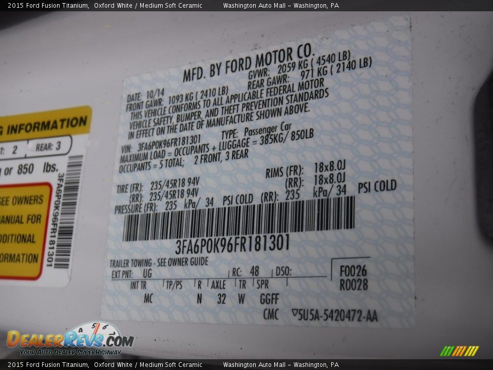 2015 Ford Fusion Titanium Oxford White / Medium Soft Ceramic Photo #27