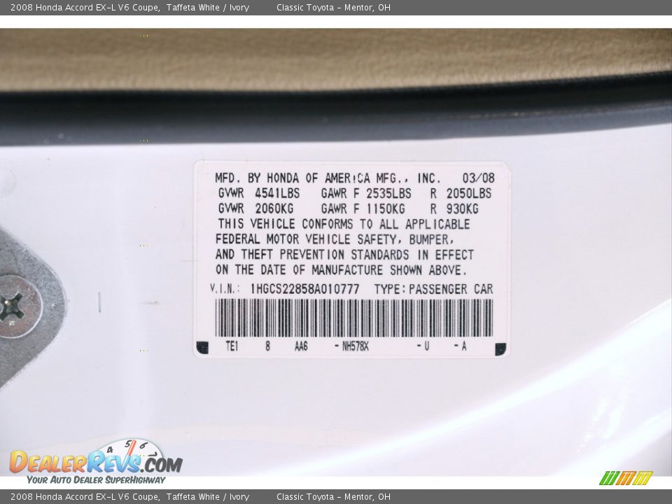 2008 Honda Accord EX-L V6 Coupe Taffeta White / Ivory Photo #22