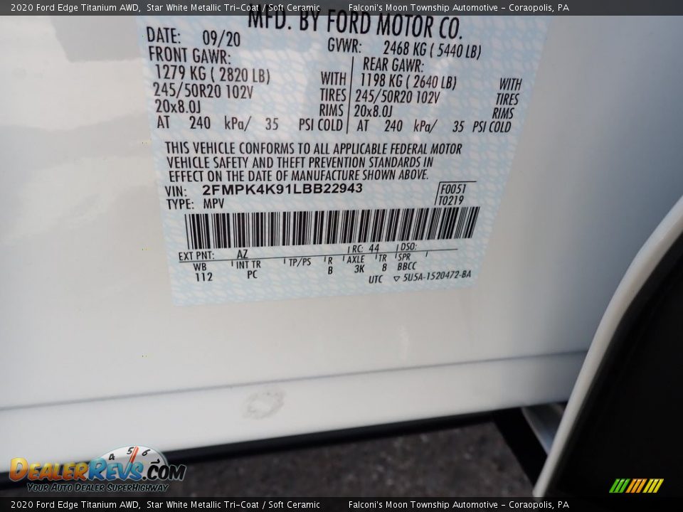 2020 Ford Edge Titanium AWD Star White Metallic Tri-Coat / Soft Ceramic Photo #12