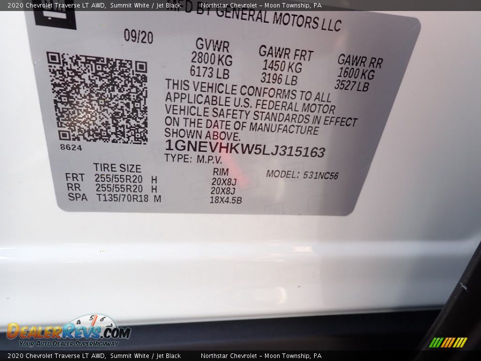 2020 Chevrolet Traverse LT AWD Summit White / Jet Black Photo #16
