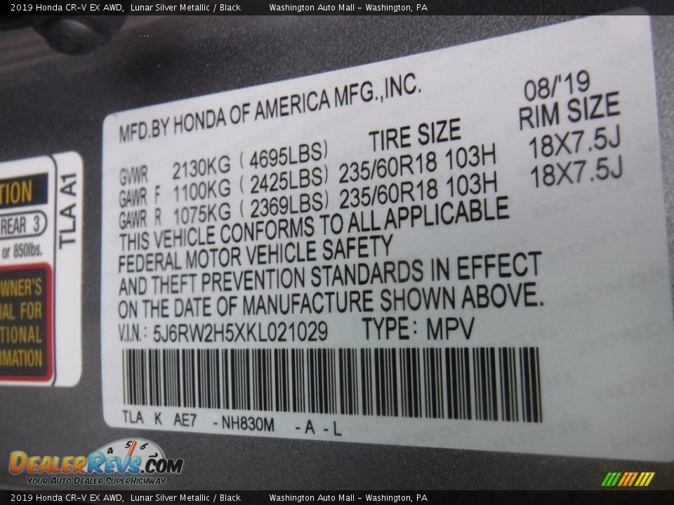 2019 Honda CR-V EX AWD Lunar Silver Metallic / Black Photo #27
