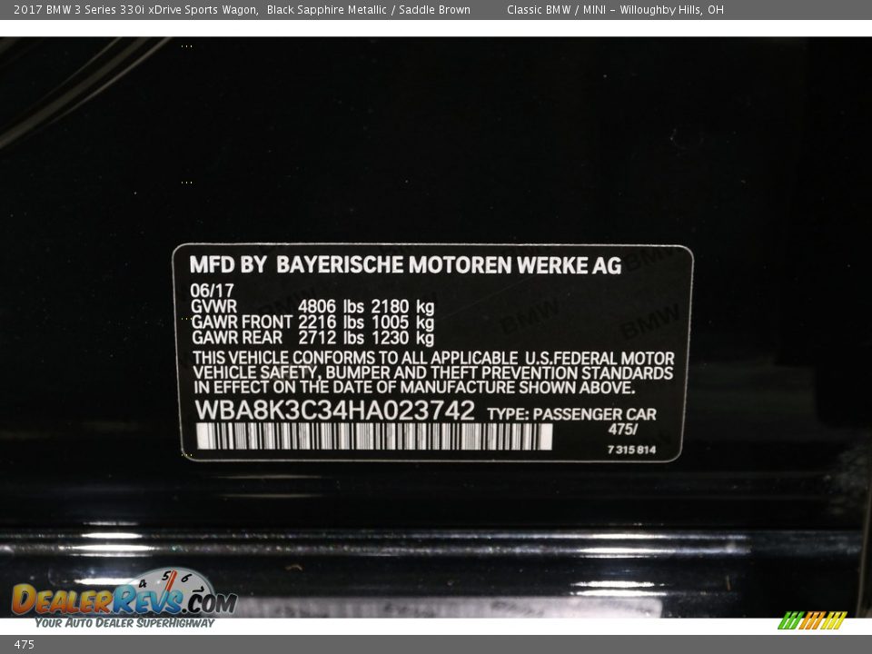 BMW Color Code 475 Black Sapphire Metallic