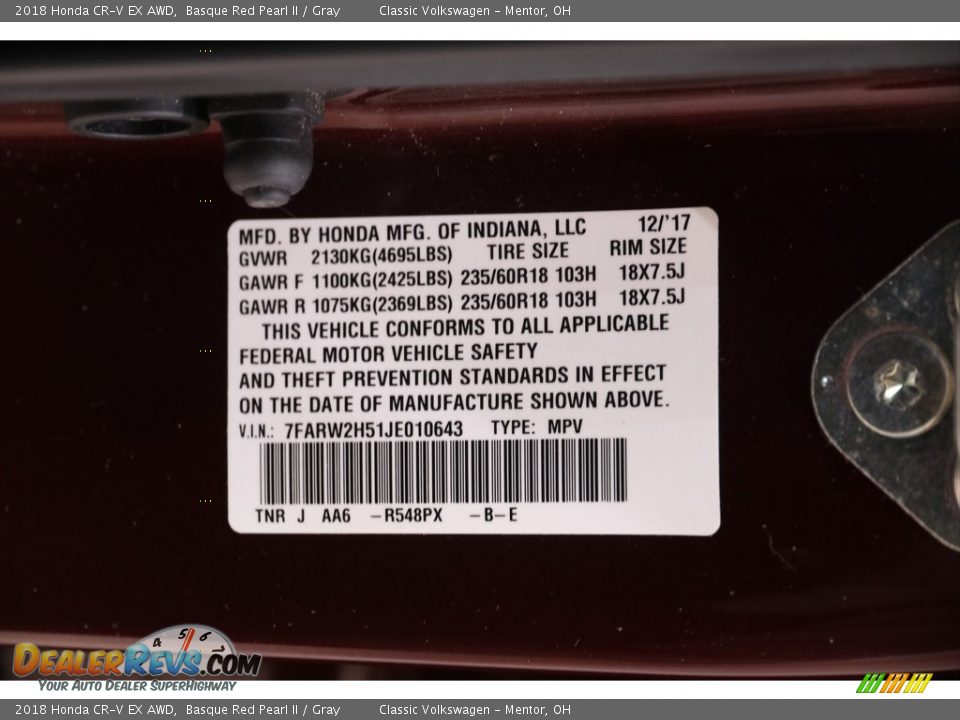 2018 Honda CR-V EX AWD Basque Red Pearl II / Gray Photo #25
