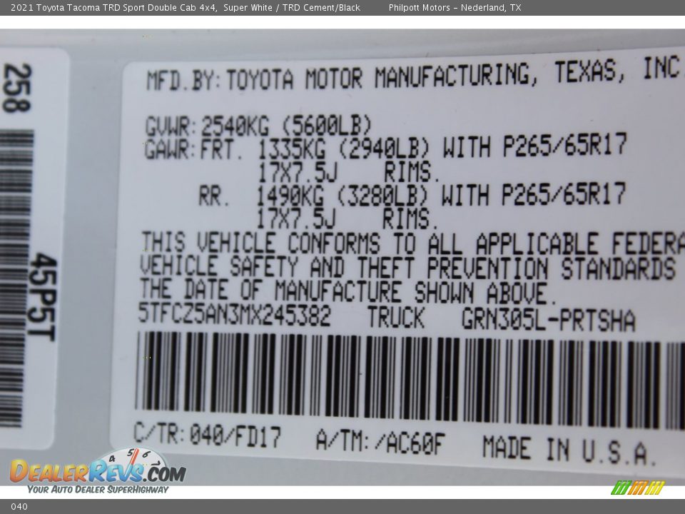 040 - 2021 Toyota Tacoma