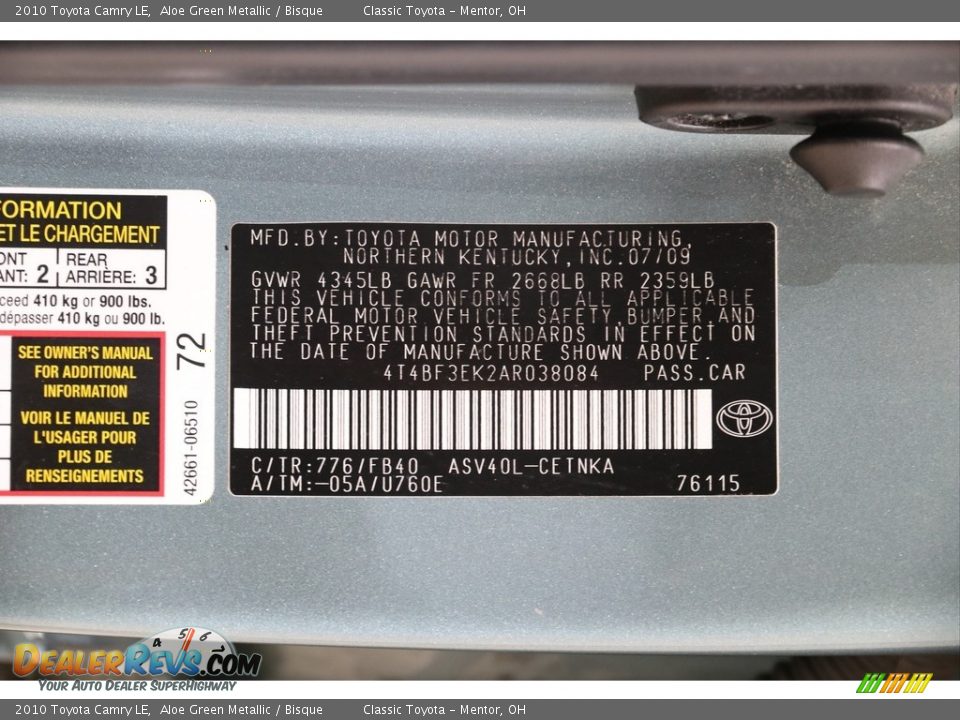 2010 Toyota Camry LE Aloe Green Metallic / Bisque Photo #19