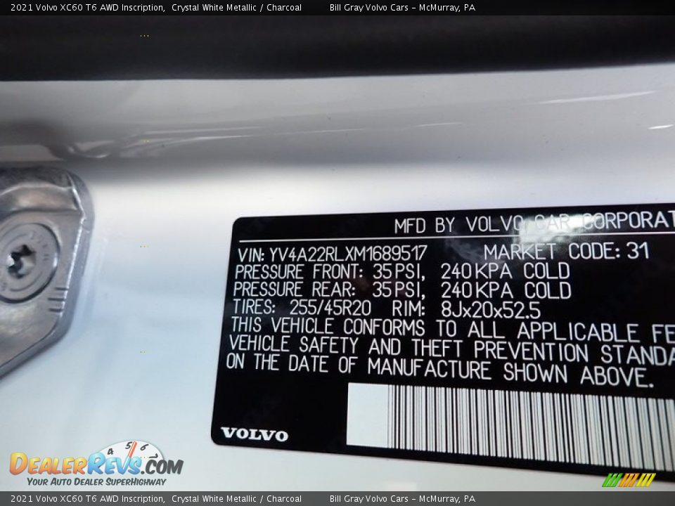 2021 Volvo XC60 T6 AWD Inscription Crystal White Metallic / Charcoal Photo #11