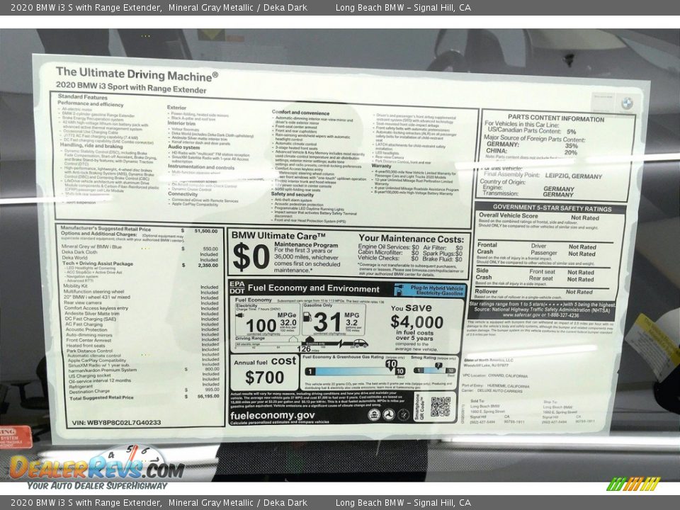 2020 BMW i3 S with Range Extender Window Sticker Photo #17