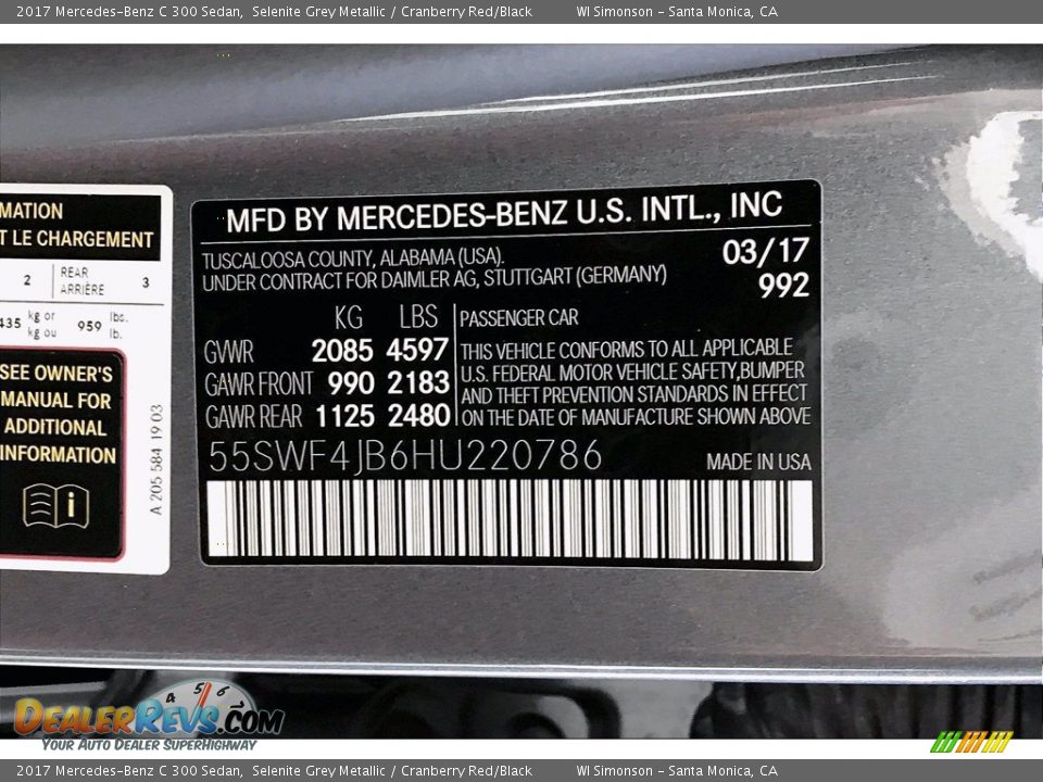 2017 Mercedes-Benz C 300 Sedan Selenite Grey Metallic / Cranberry Red/Black Photo #24