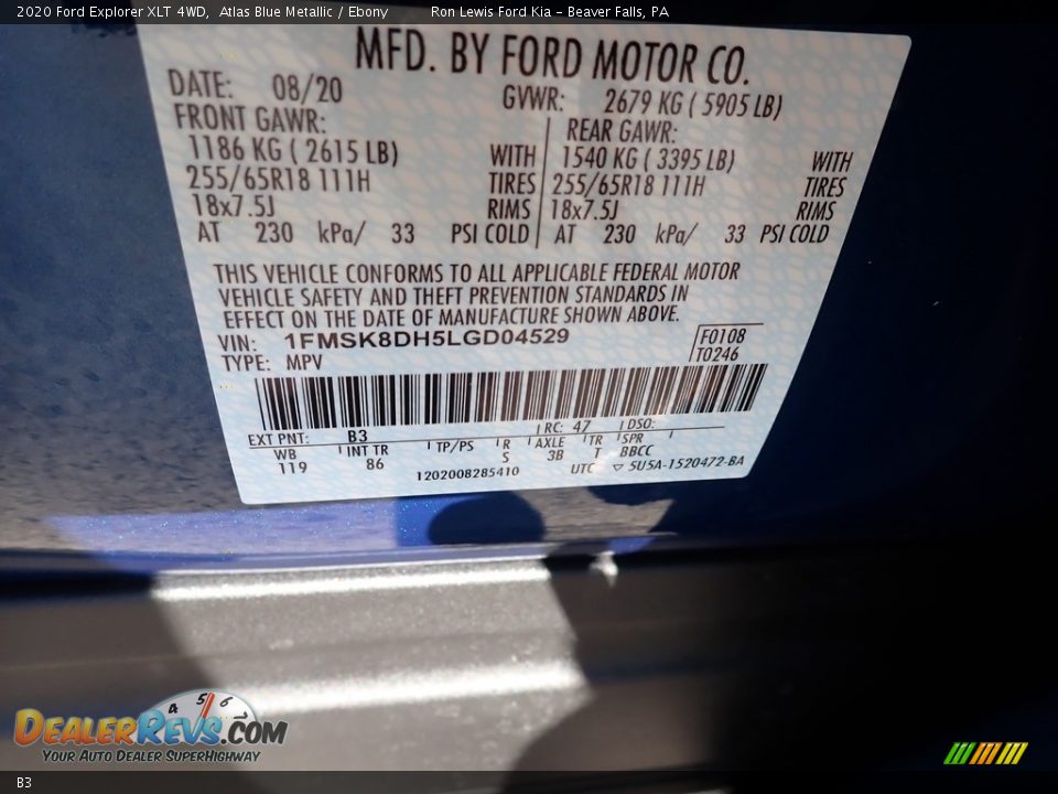 Ford Color Code B3 Atlas Blue Metallic