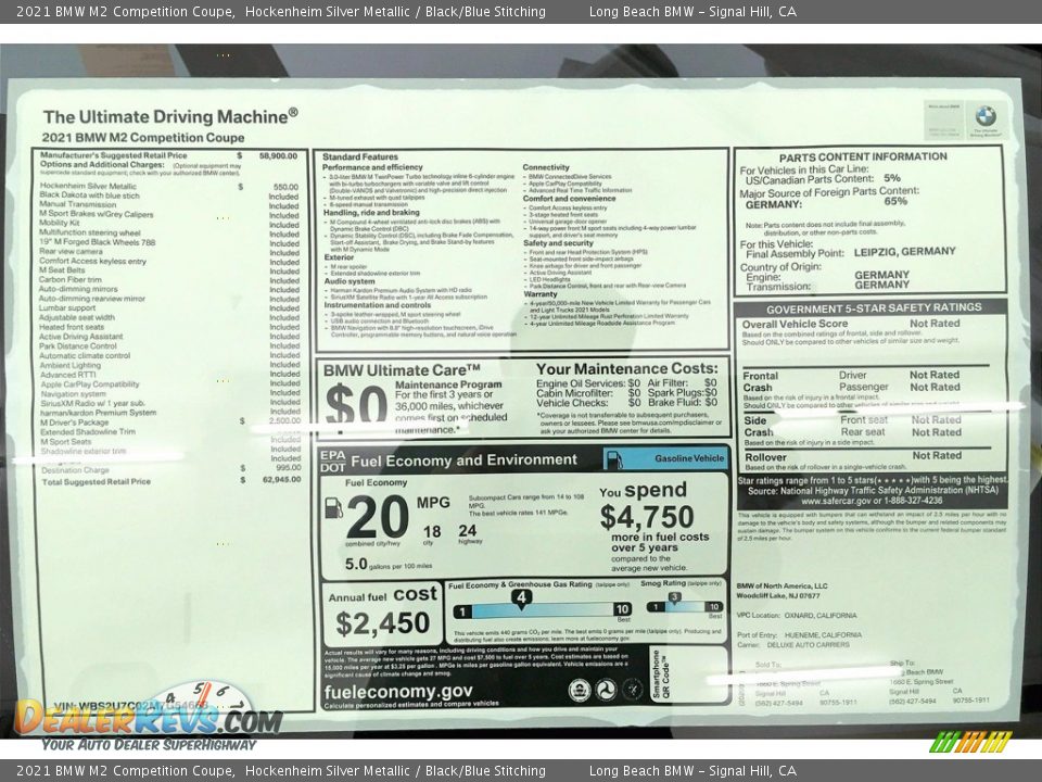 2021 BMW M2 Competition Coupe Window Sticker Photo #17