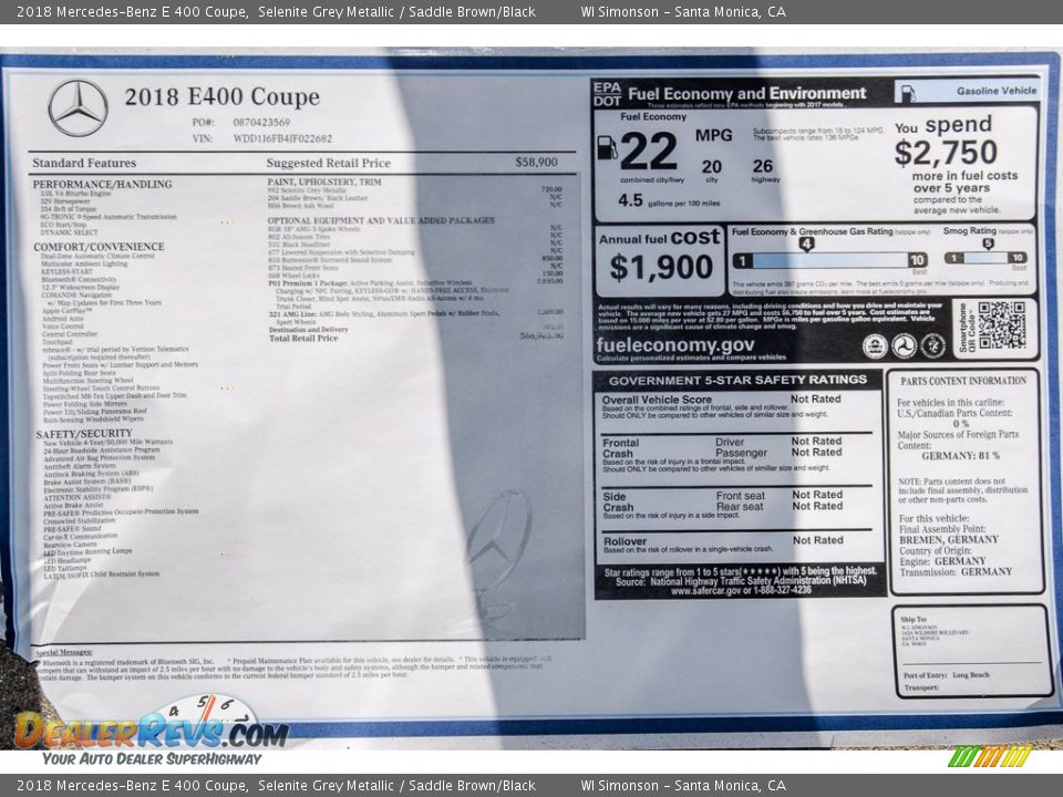 2018 Mercedes-Benz E 400 Coupe Selenite Grey Metallic / Saddle Brown/Black Photo #11