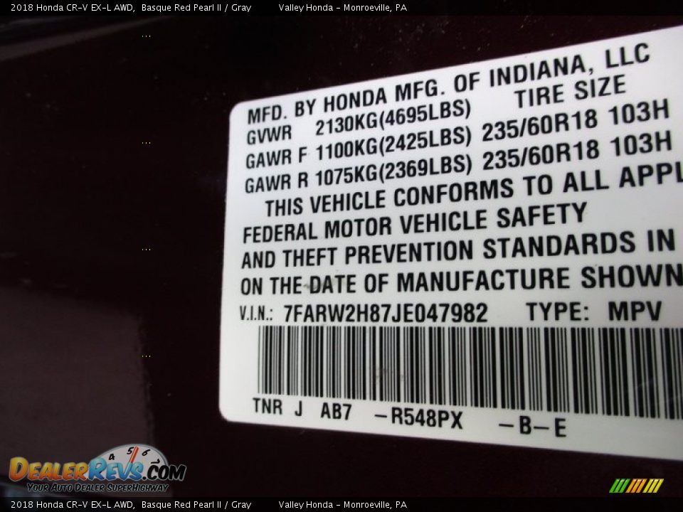 2018 Honda CR-V EX-L AWD Basque Red Pearl II / Gray Photo #19