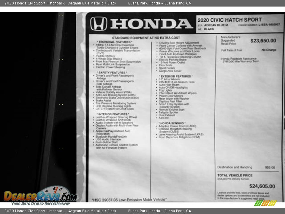 2020 Honda Civic Sport Hatchback Aegean Blue Metallic / Black Photo #35