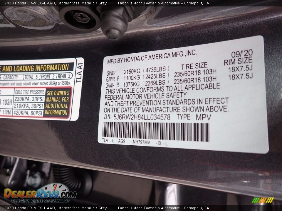 2020 Honda CR-V EX-L AWD Modern Steel Metallic / Gray Photo #12