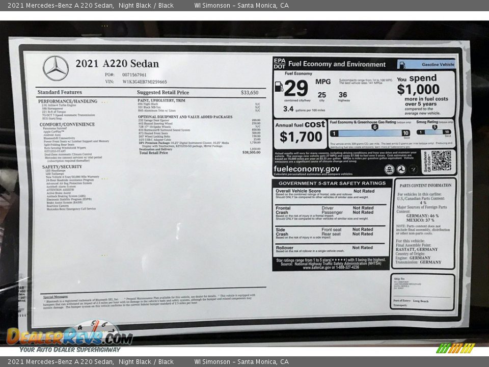 2021 Mercedes-Benz A 220 Sedan Window Sticker Photo #10