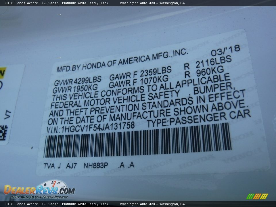 2018 Honda Accord EX-L Sedan Platinum White Pearl / Black Photo #26