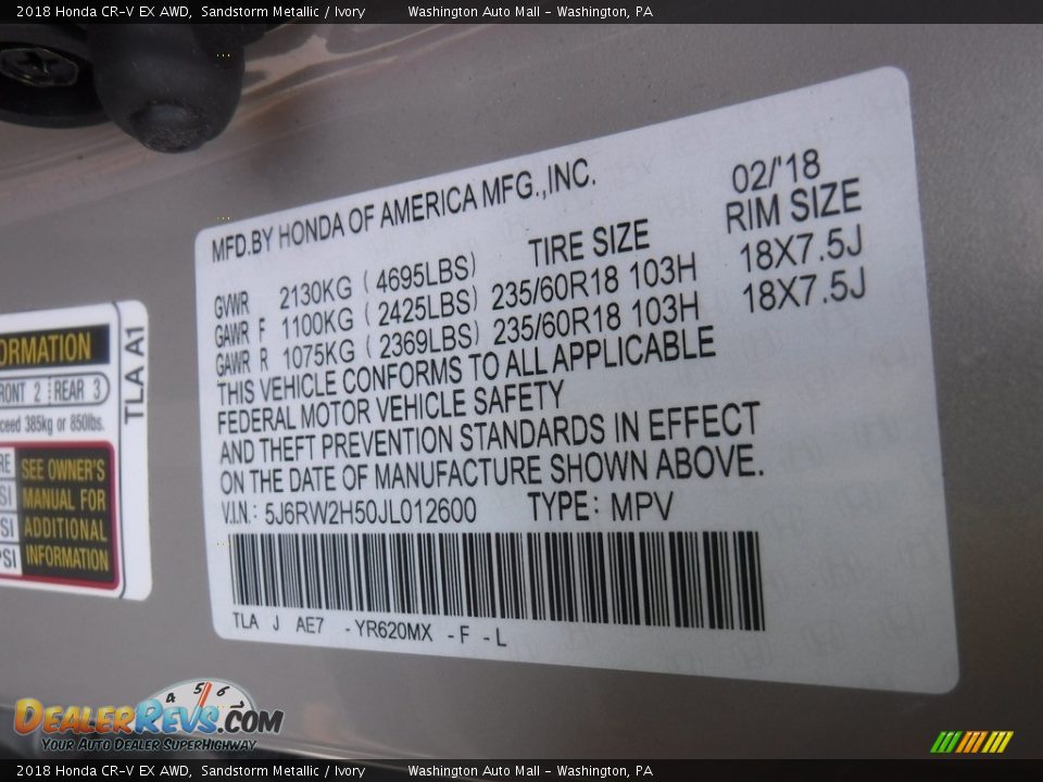 2018 Honda CR-V EX AWD Sandstorm Metallic / Ivory Photo #27