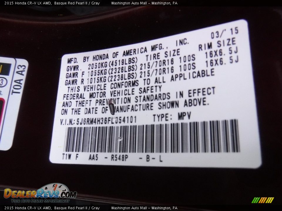 2015 Honda CR-V LX AWD Basque Red Pearl II / Gray Photo #26